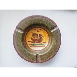 Italian Mid Century Painted Bird Ceramic Ashtray Bowl 8”D